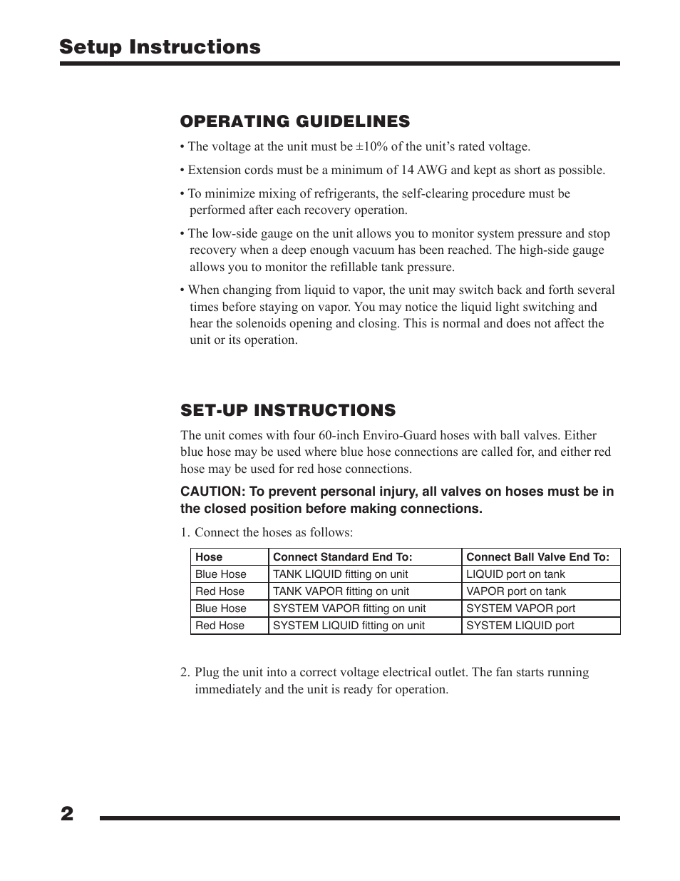 2setup instructions, Set-up instructions, Operating guidelines | Robinair 25200B Refrigerant Recovery Unit User Manual | Page 4 / 16