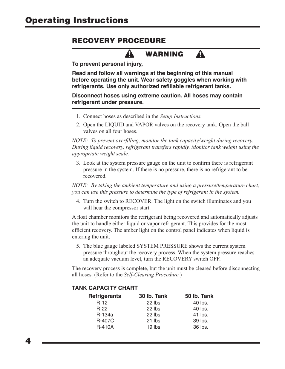 4operating instructions, Recovery procedure warning | Robinair 25200B Refrigerant Recovery Unit User Manual | Page 6 / 16