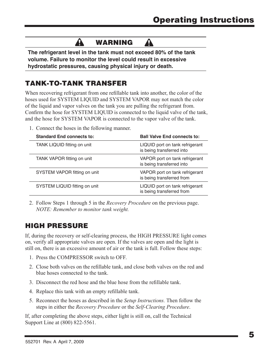 5operating instructions, Tank-to-tank transfer, High pressure | Warning | Robinair 25200B Refrigerant Recovery Unit User Manual | Page 7 / 16