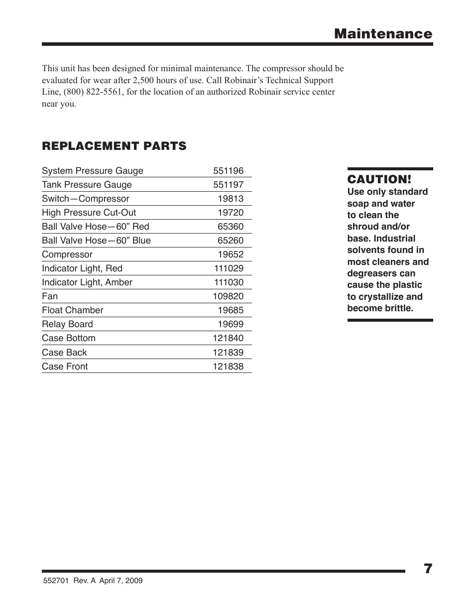 7maintenance, Caution, Replacement parts | Robinair 25200B Refrigerant Recovery Unit User Manual | Page 9 / 16