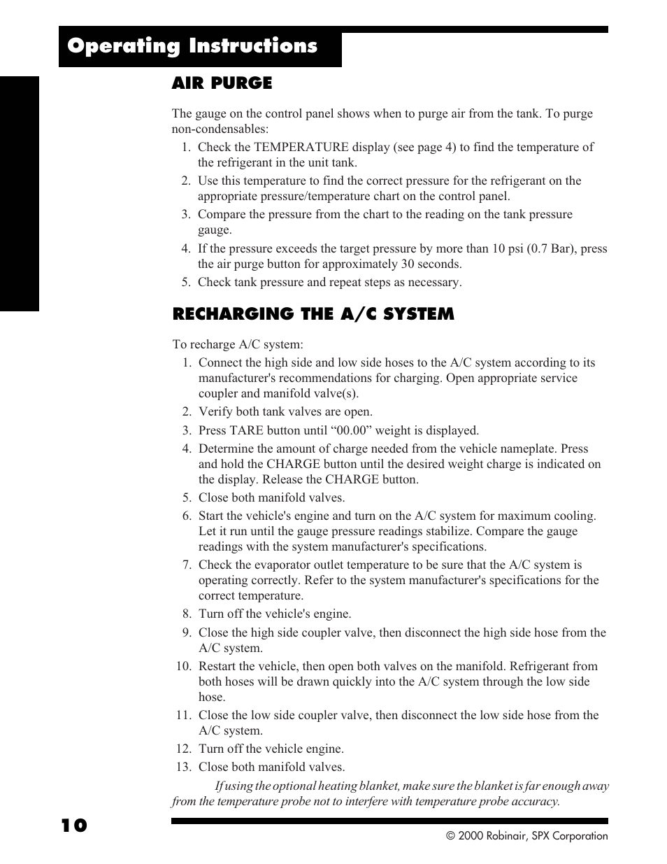 Operating instructions, Recharging the a/c system, Air purge | Robinair 34134-2K Refrigerant Recovery, Recycle, Recharge Unit User Manual | Page 12 / 22