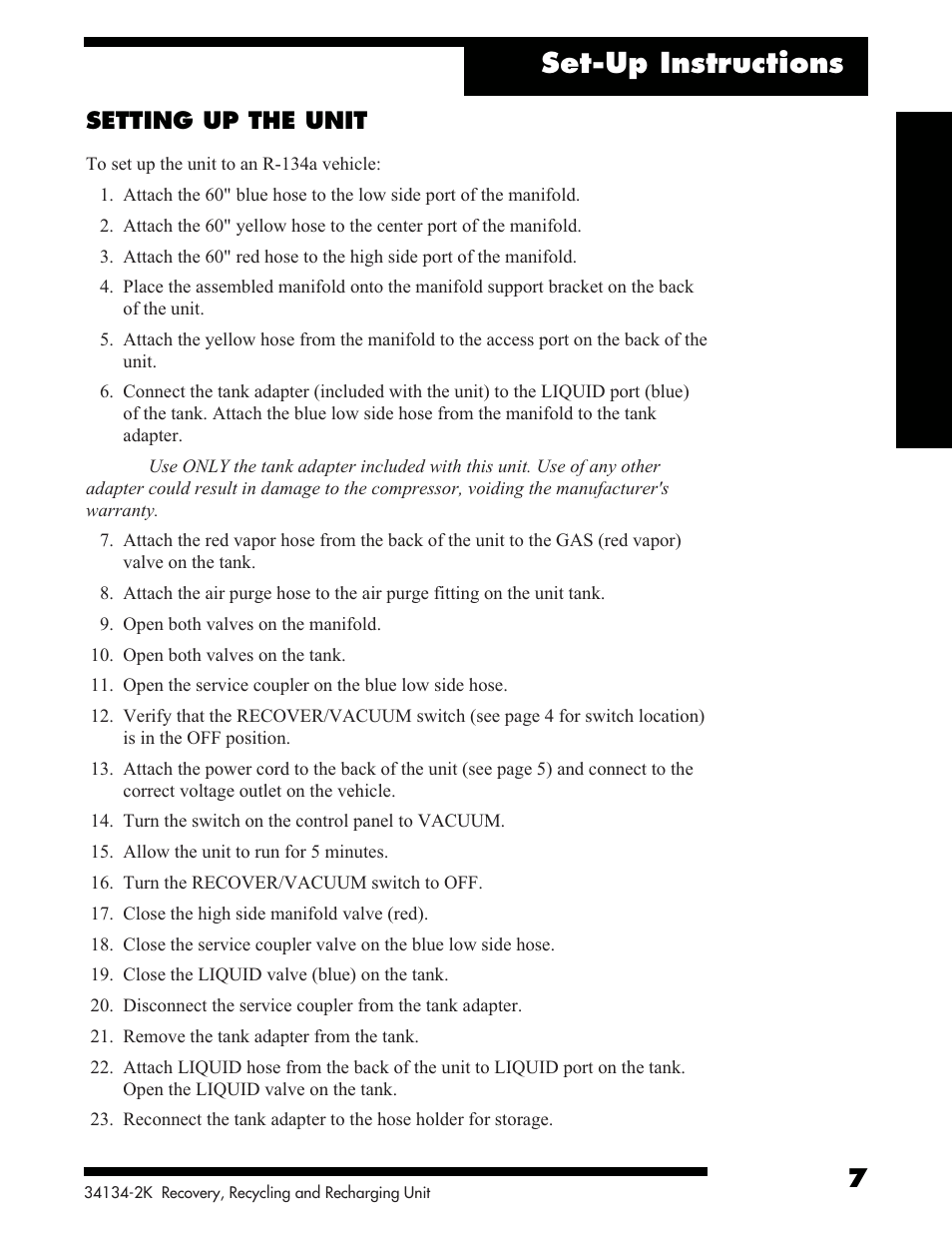 Set-up instructions, Setting up the unit | Robinair 34134-2K Refrigerant Recovery, Recycle, Recharge Unit User Manual | Page 9 / 22