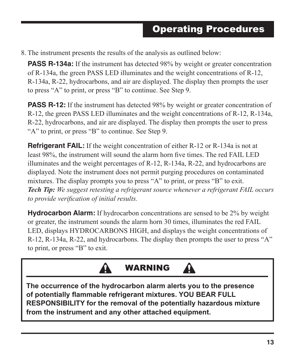 Operating procedures, Warning | Robinair 16910 ID Plus Refrigerant Identifier User Manual | Page 15 / 28