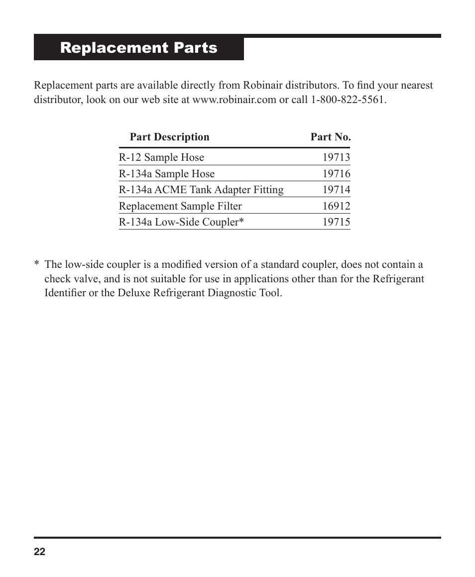 Replacement parts | Robinair 16910 ID Plus Refrigerant Identifier User Manual | Page 24 / 28