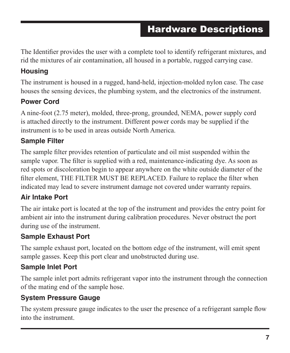 Hardware descriptions | Robinair 16910 ID Plus Refrigerant Identifier User Manual | Page 9 / 28