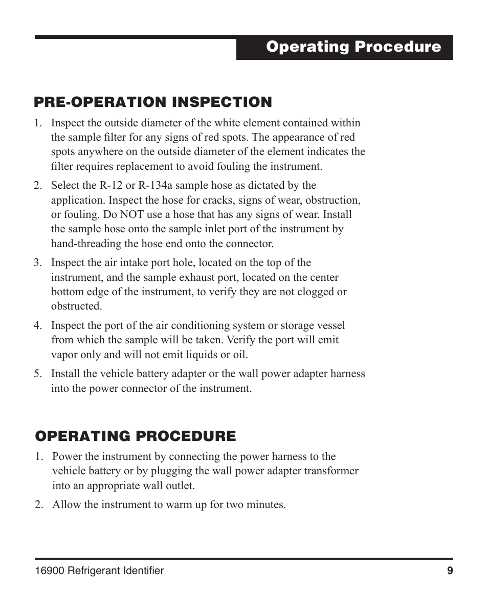 Operating procedure, Pre-operation inspection | Robinair 16900 Refrigerant Identifier User Manual | Page 11 / 28