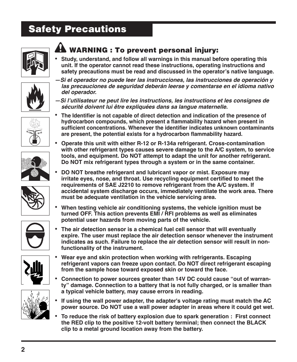 Safety precautions | Robinair 16900 Refrigerant Identifier User Manual | Page 4 / 28