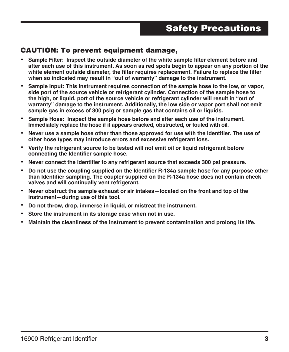 Safety precautions | Robinair 16900 Refrigerant Identifier User Manual | Page 5 / 28