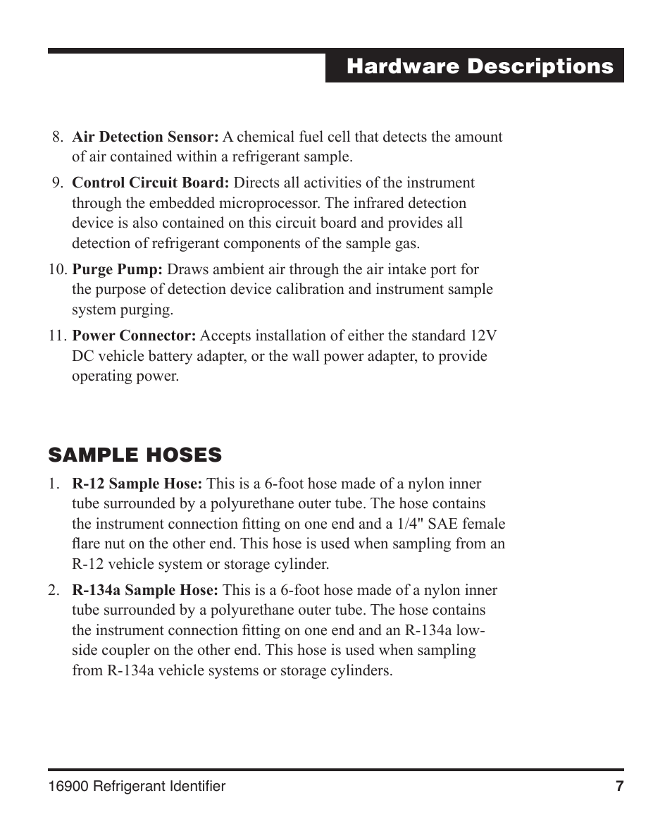 Hardware descriptions, Sample hoses | Robinair 16900 Refrigerant Identifier User Manual | Page 9 / 28