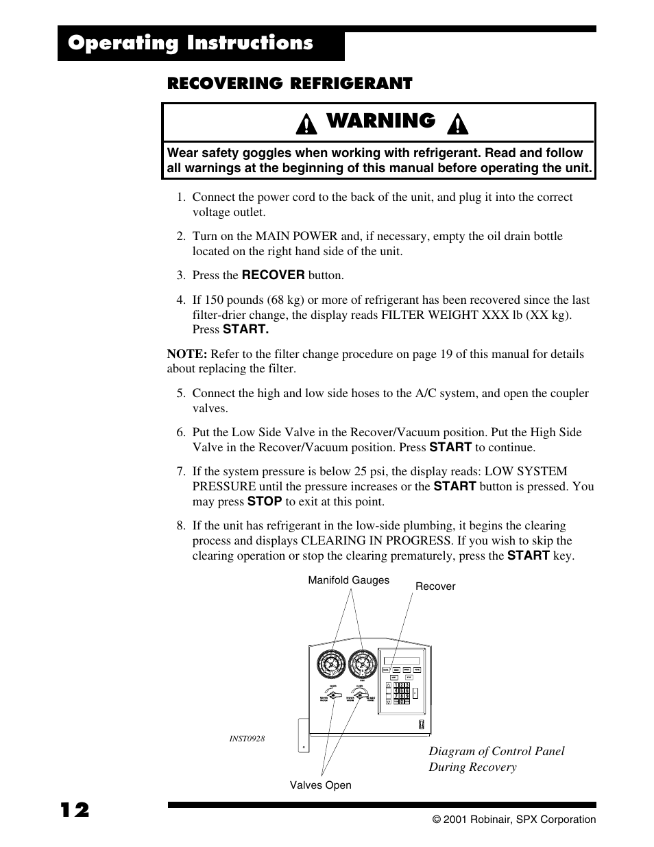 Warning, Operating instructions, Recovering refrigerant | Robinair 177002K Recovery, Recycling, Recharging Unit User Manual | Page 14 / 32