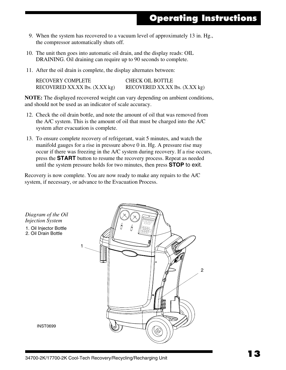 Operating instructions | Robinair 177002K Recovery, Recycling, Recharging Unit User Manual | Page 15 / 32