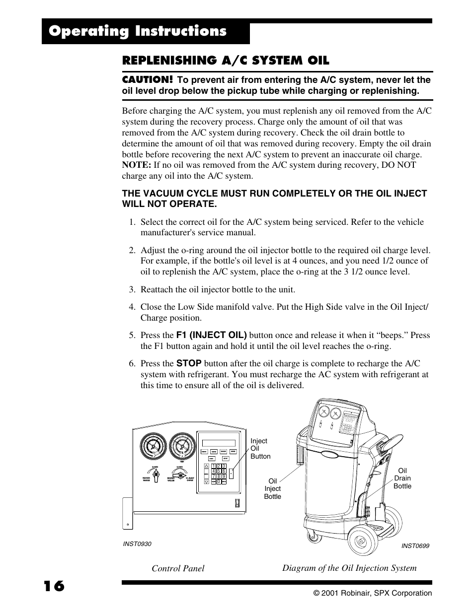Operating instructions, Replenishing a/c system oil, Control panel | 2001 robinair, spx corporation, R-134a, 0r r, Inject oil button, Oil inject bottle oil drain bottle, Inst0930, Inst0699 | Robinair 177002K Recovery, Recycling, Recharging Unit User Manual | Page 18 / 32