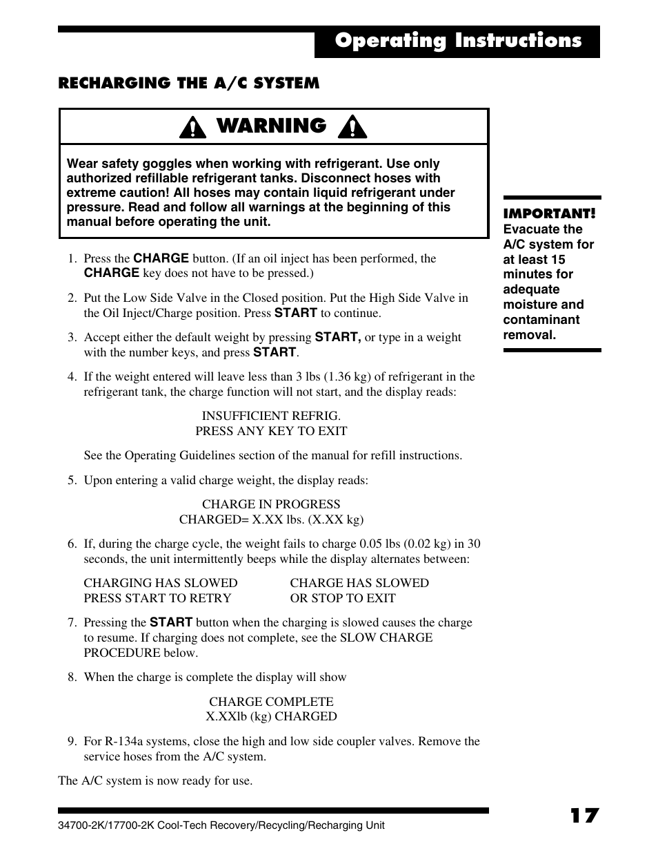 Operating instructions, Warning | Robinair 177002K Recovery, Recycling, Recharging Unit User Manual | Page 19 / 32