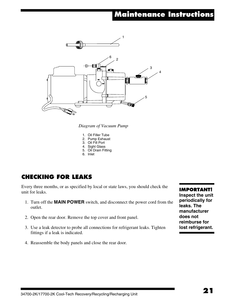 Maintenance instructions, Checking for leaks | Robinair 177002K Recovery, Recycling, Recharging Unit User Manual | Page 23 / 32