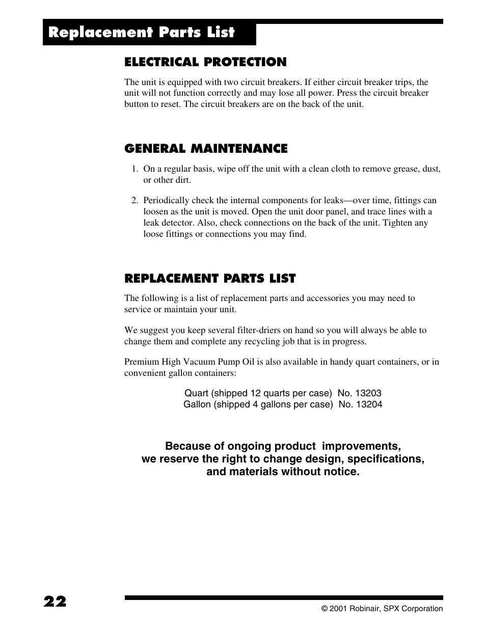 22 replacement parts list | Robinair 177002K Recovery, Recycling, Recharging Unit User Manual | Page 24 / 32