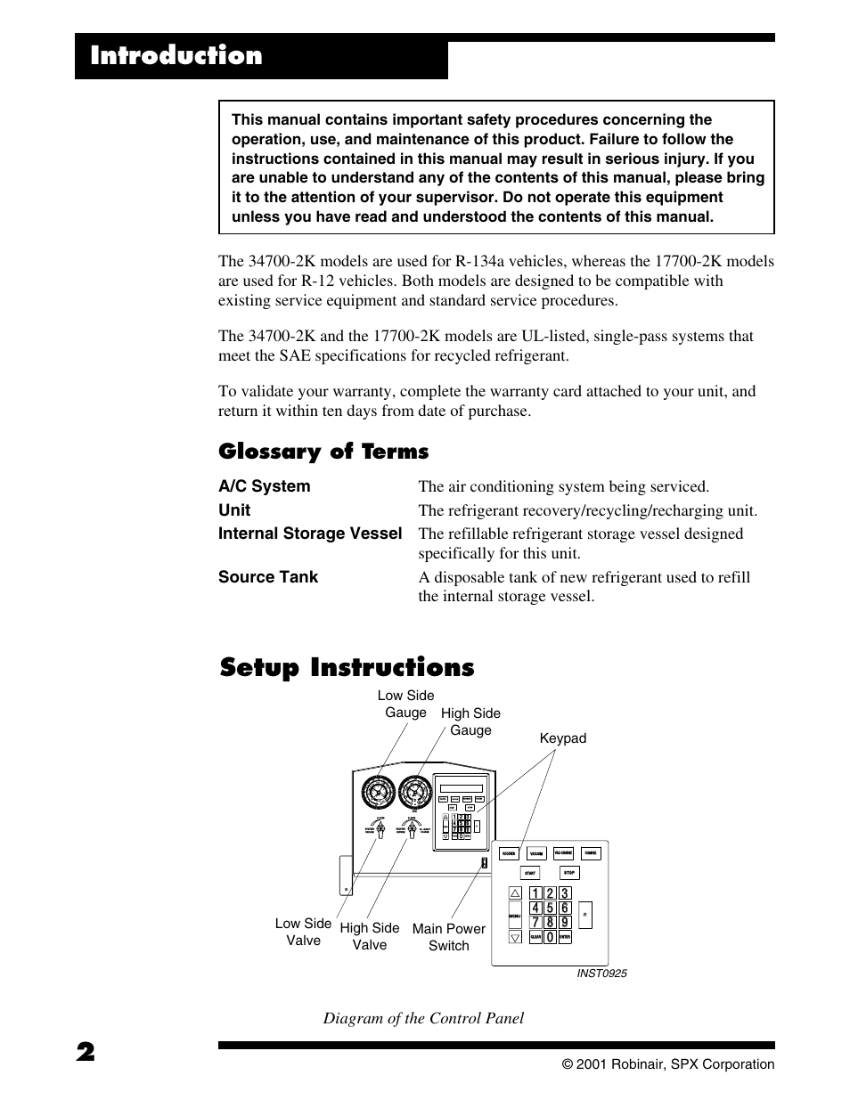 Introduction, Setup instructions, Glossary of terms | Diagram of the control panel | Robinair 177002K Recovery, Recycling, Recharging Unit User Manual | Page 4 / 32