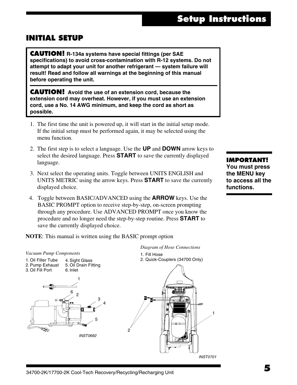 Setup instructions, Initial setup | Robinair 177002K Recovery, Recycling, Recharging Unit User Manual | Page 7 / 32