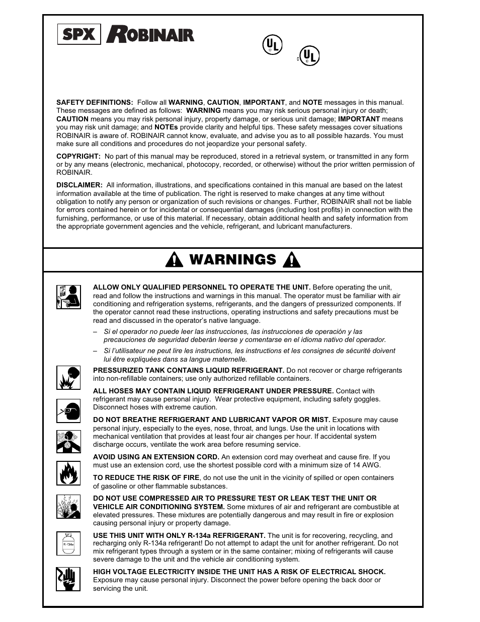 Warnings | Robinair 34134Z Refrigerant Recovery, Recycle, Recharge Unit User Manual | Page 2 / 36