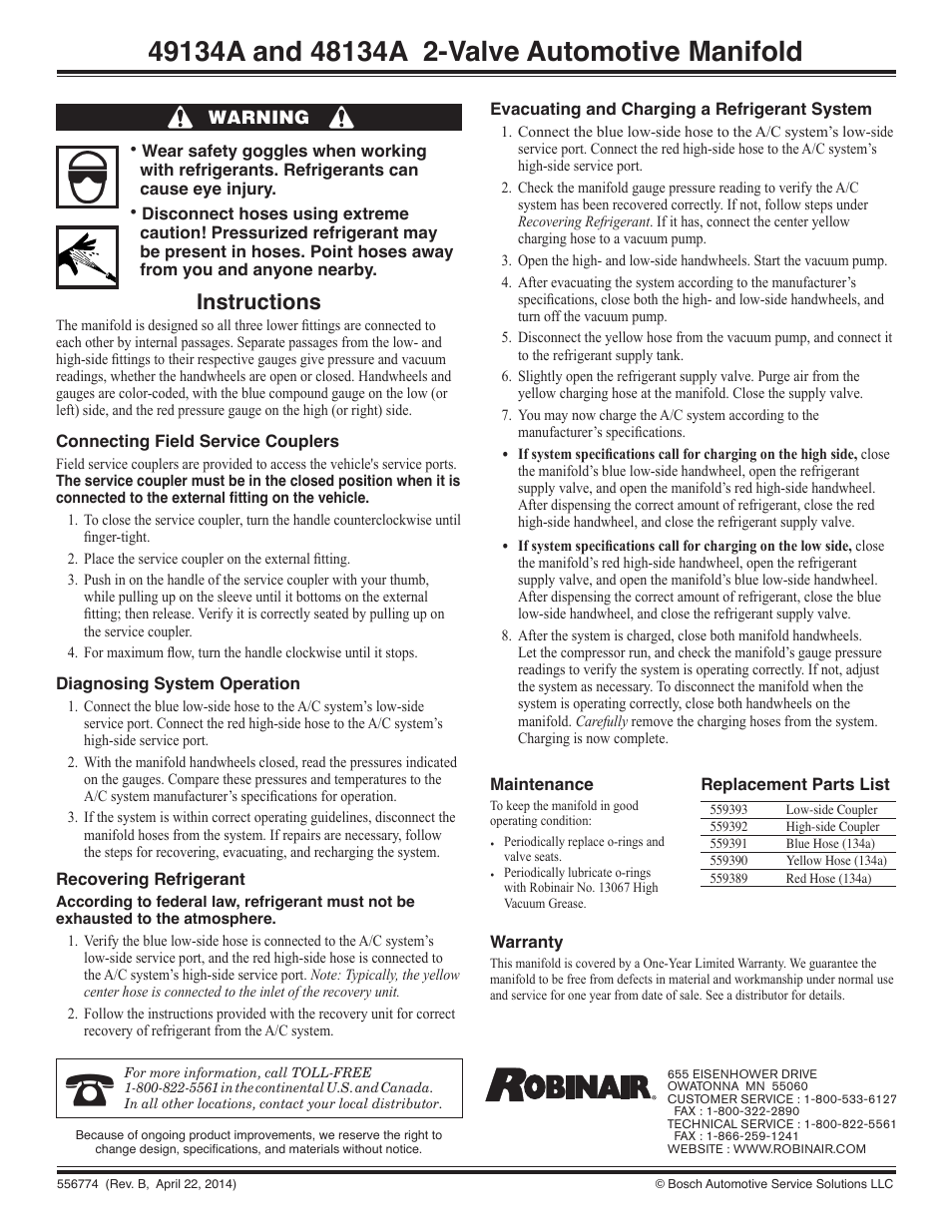 Robinair 49134A 2-Valve Automotive Manifold User Manual | 1 page