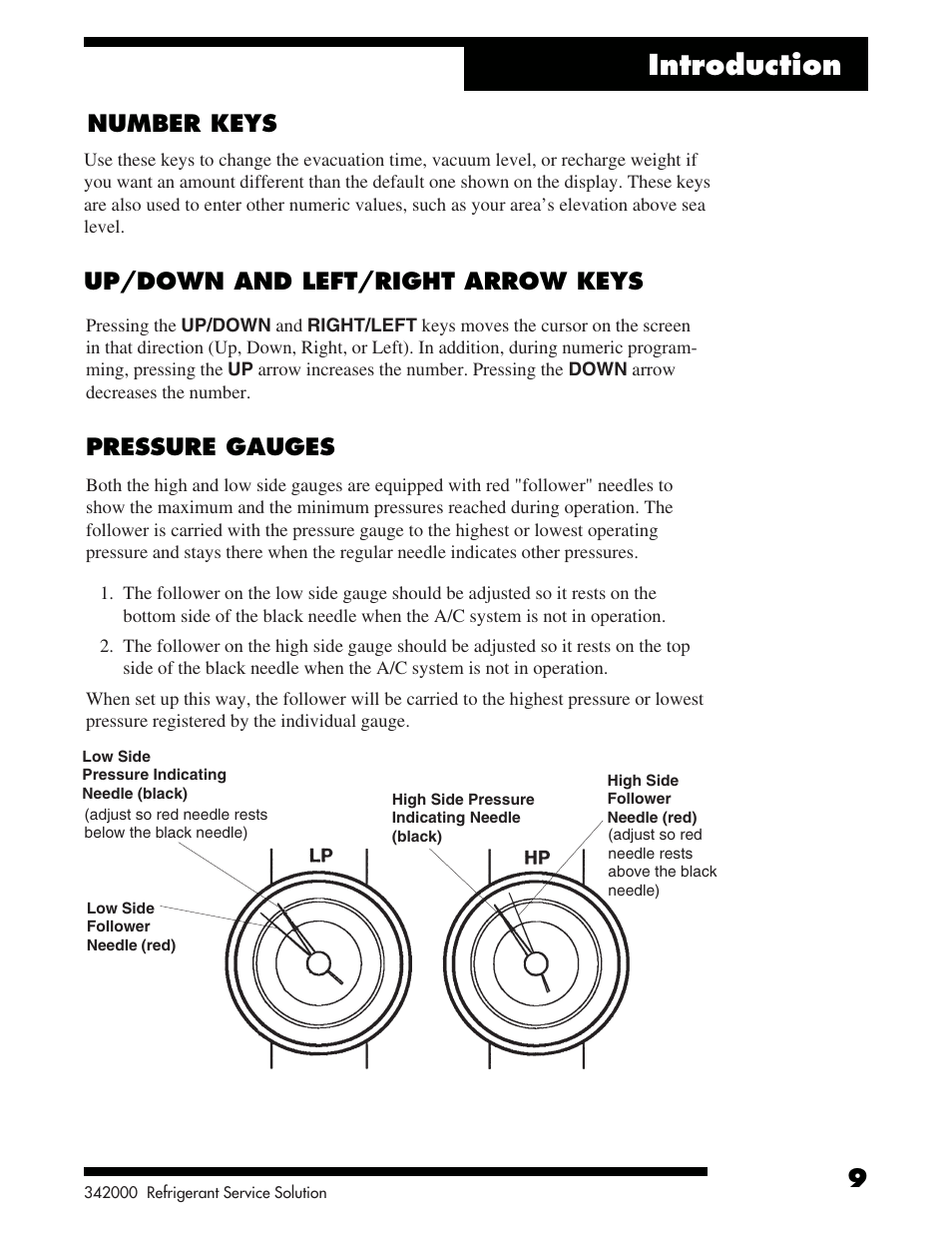 Set introduction, Pressure gauges, Number keys up/down and left/right arrow keys | Robinair 342000 Refrigerant Service Solution User Manual | Page 11 / 36