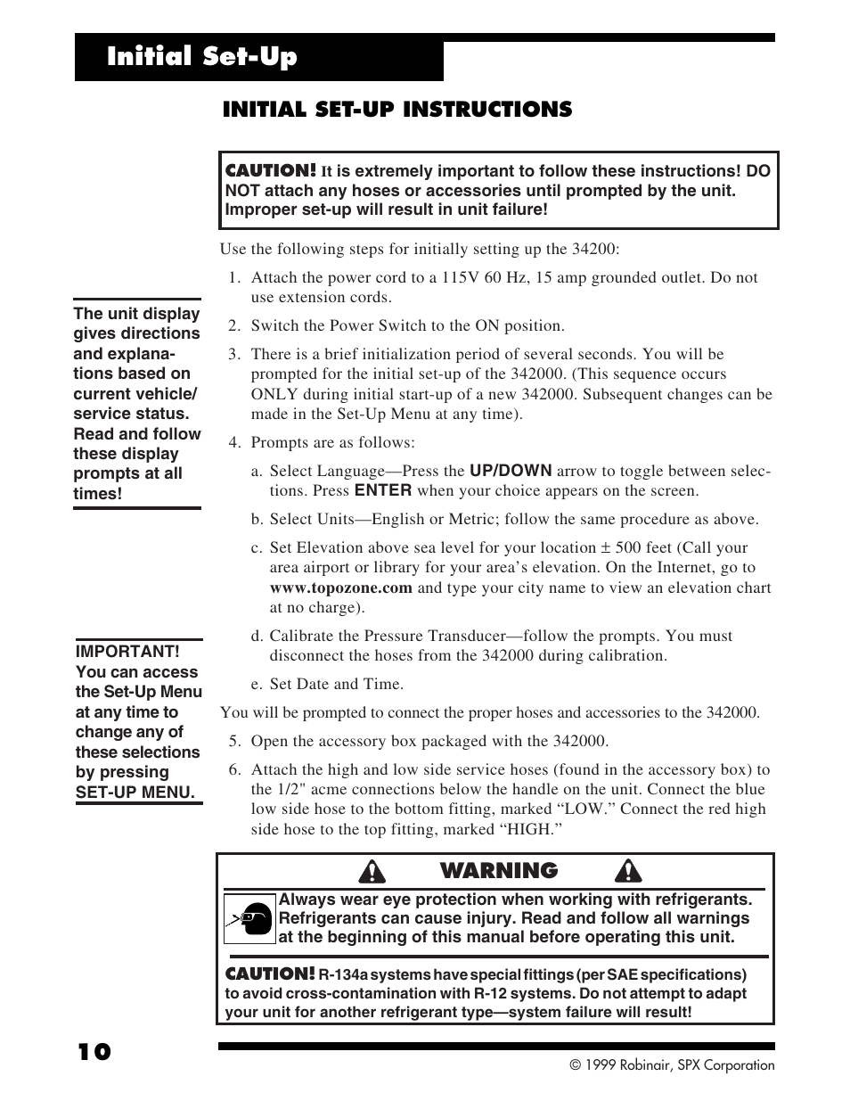 Initial set-up, Warning, Initial set-up instructions | Robinair 342000 Refrigerant Service Solution User Manual | Page 12 / 36