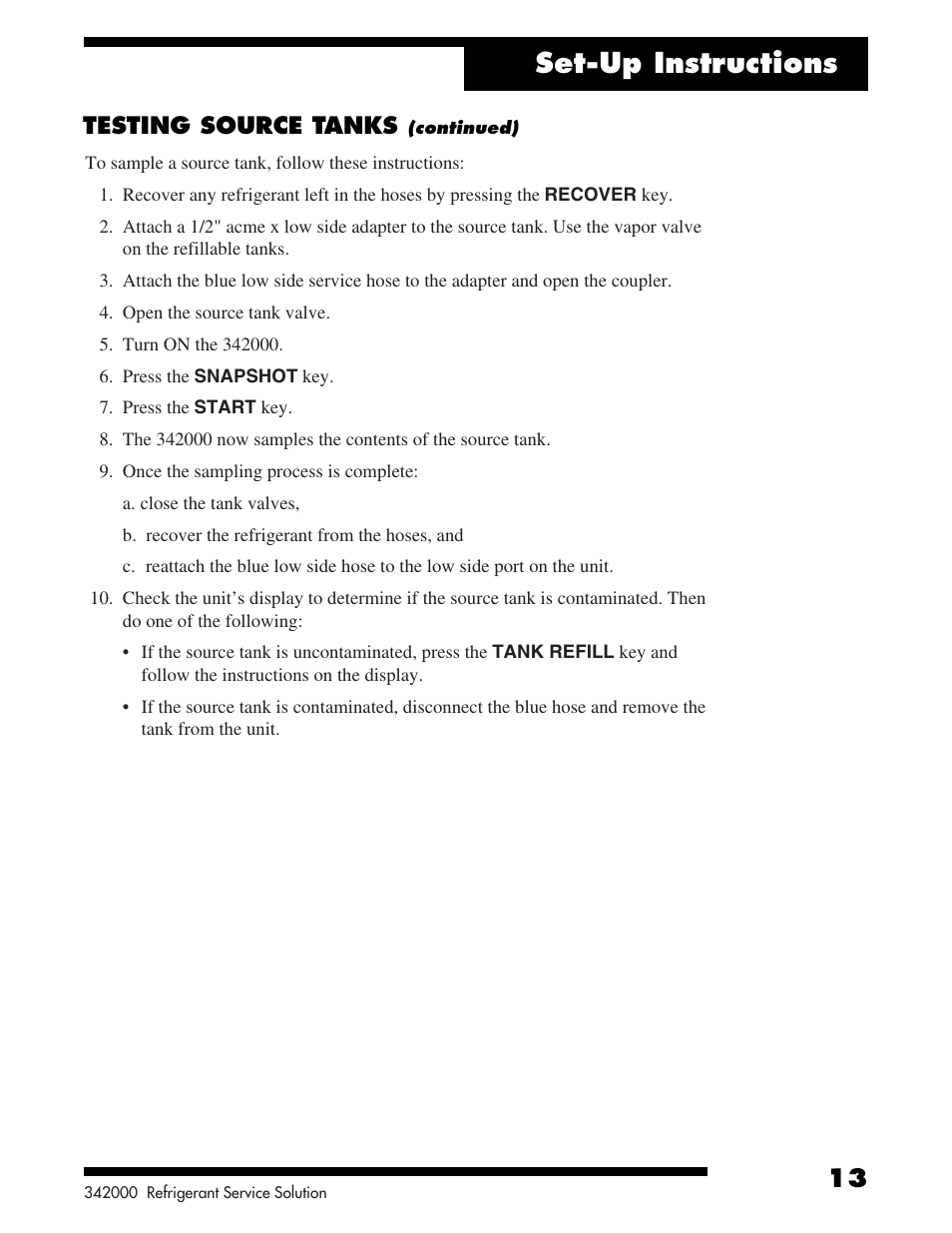 Set-up instructions, Testing source tanks | Robinair 342000 Refrigerant Service Solution User Manual | Page 15 / 36