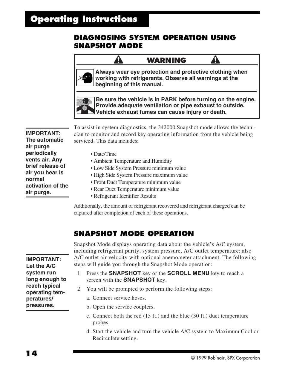 Operating instructions, Snapshot mode operation | Robinair 342000 Refrigerant Service Solution User Manual | Page 16 / 36