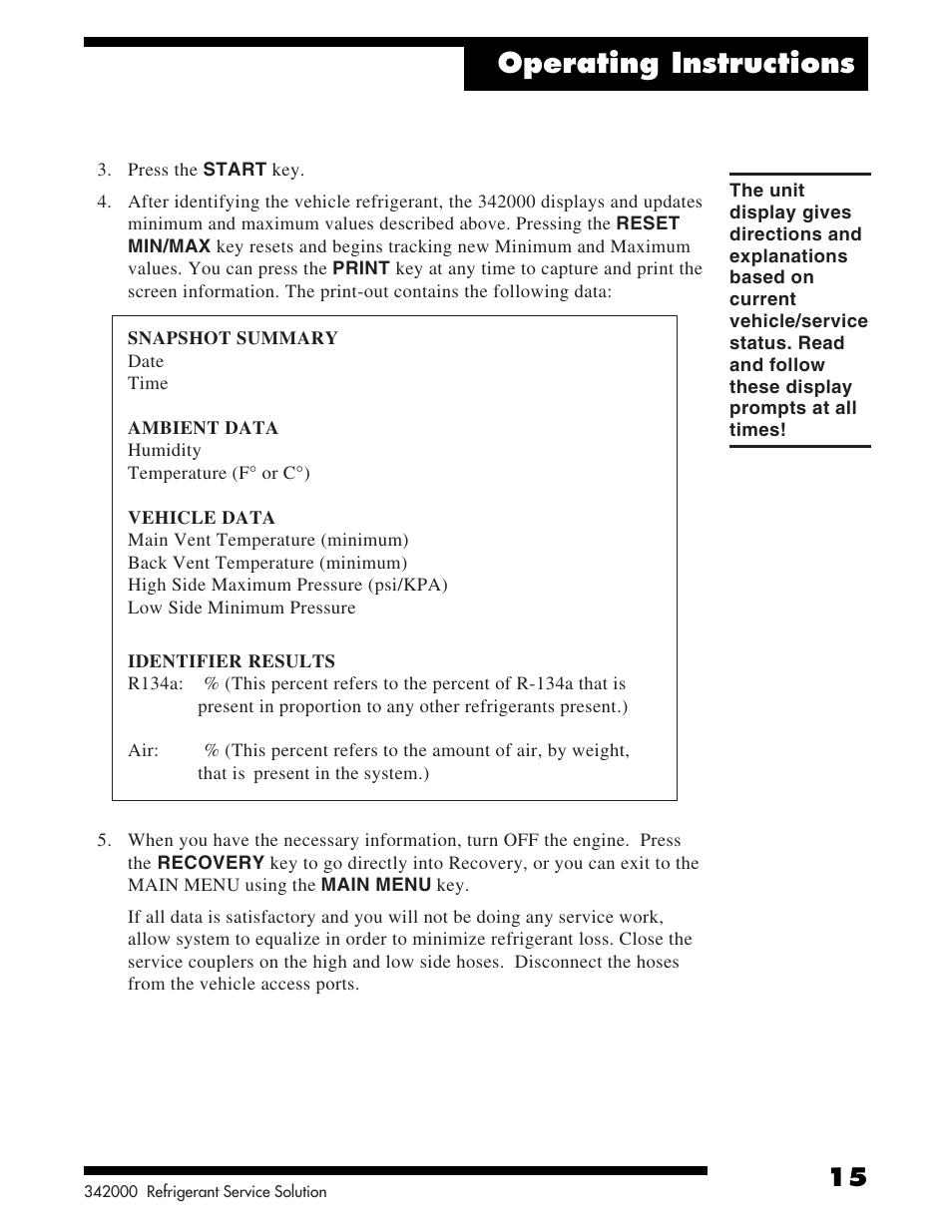 Operating instructions | Robinair 342000 Refrigerant Service Solution User Manual | Page 17 / 36