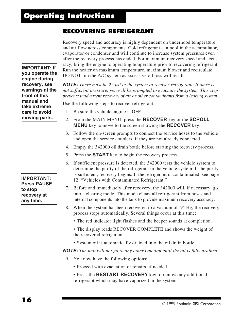 Operating instructions, Recovering refrigerant | Robinair 342000 Refrigerant Service Solution User Manual | Page 18 / 36