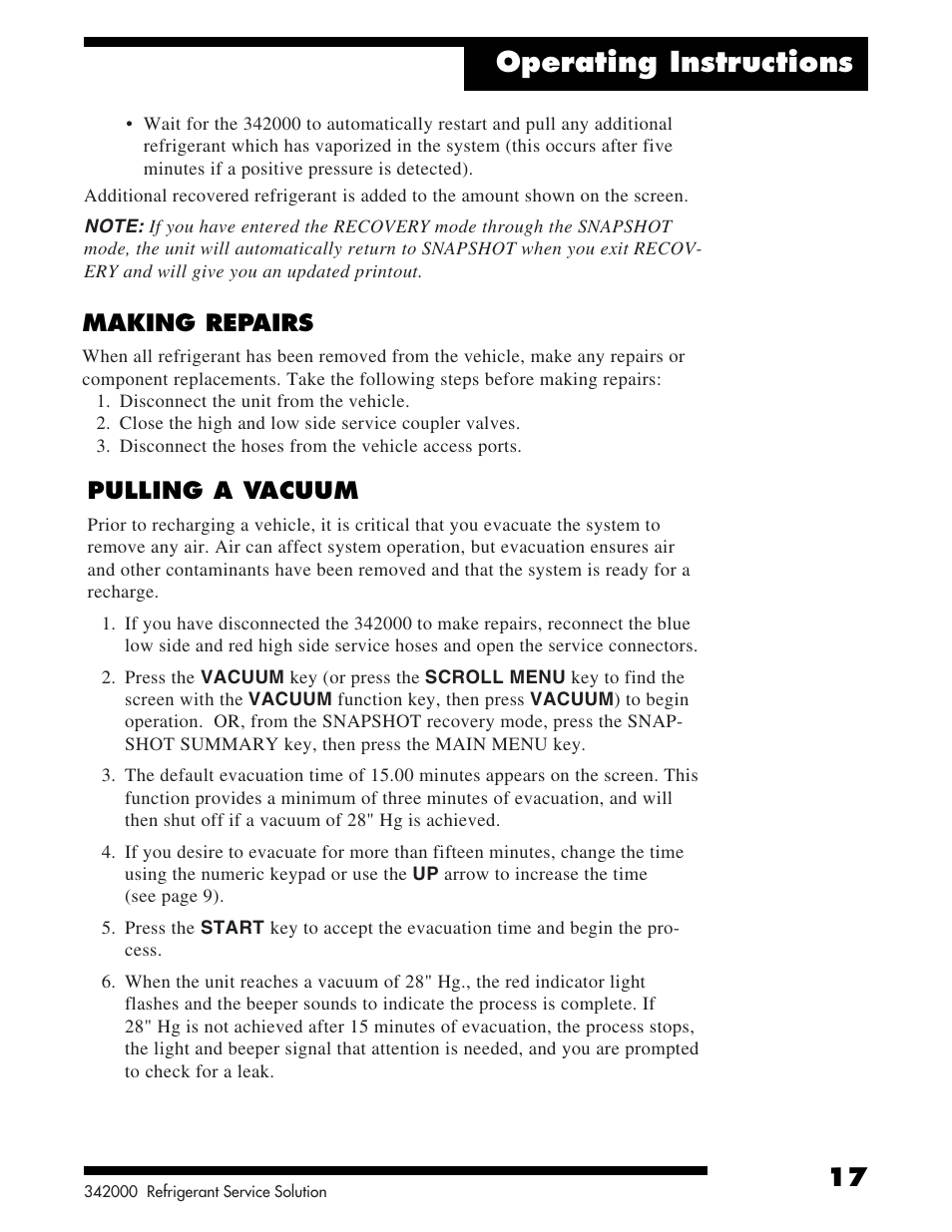 Operating instructions | Robinair 342000 Refrigerant Service Solution User Manual | Page 19 / 36