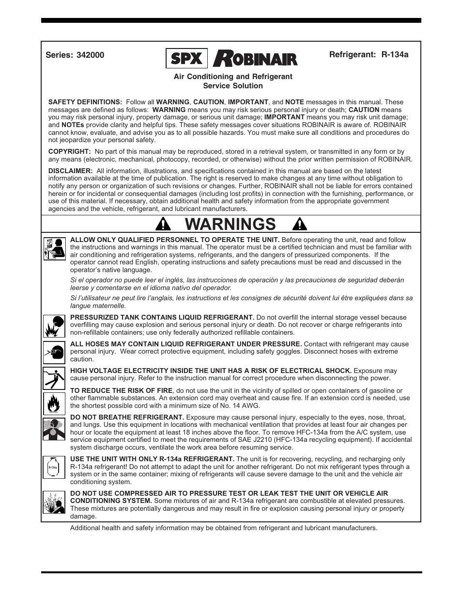 Warnings | Robinair 342000 Refrigerant Service Solution User Manual | Page 2 / 36