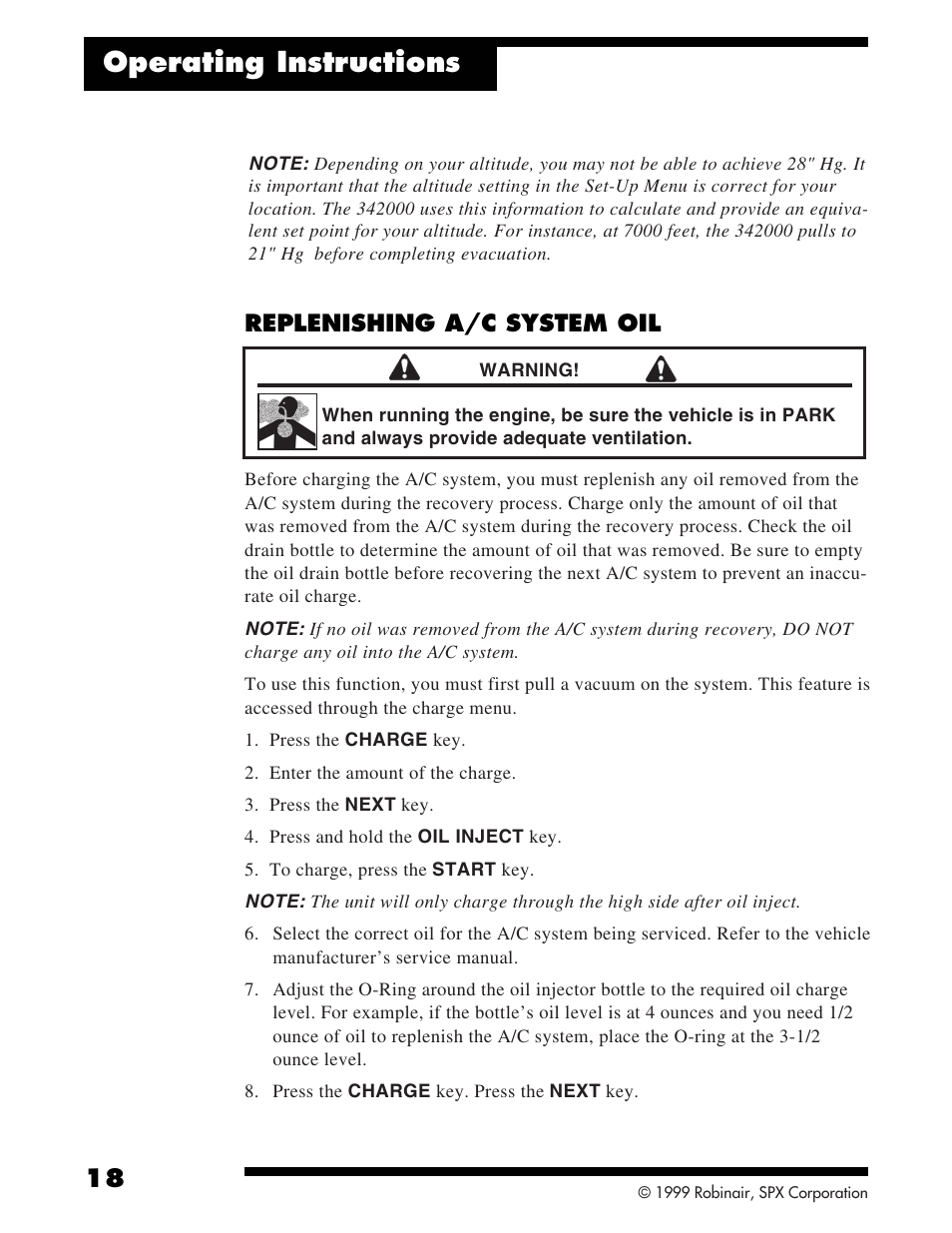 Operating instructions, Replenishing a/c system oil | Robinair 342000 Refrigerant Service Solution User Manual | Page 20 / 36