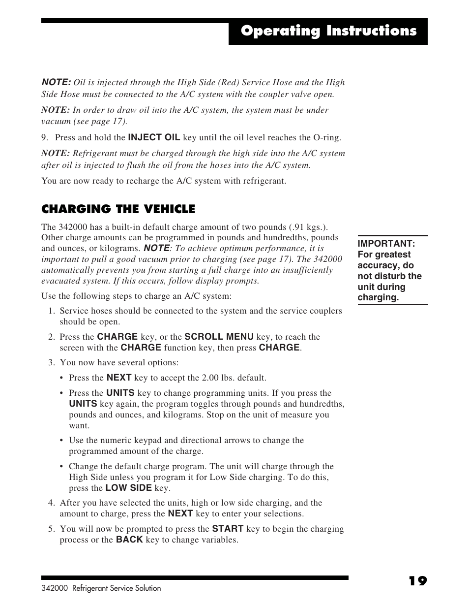 Operating instructions, Charging the vehicle | Robinair 342000 Refrigerant Service Solution User Manual | Page 21 / 36