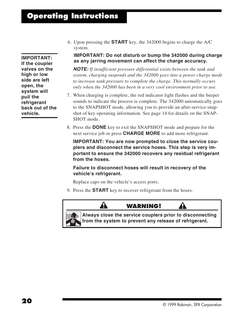 Operating instructions | Robinair 342000 Refrigerant Service Solution User Manual | Page 22 / 36