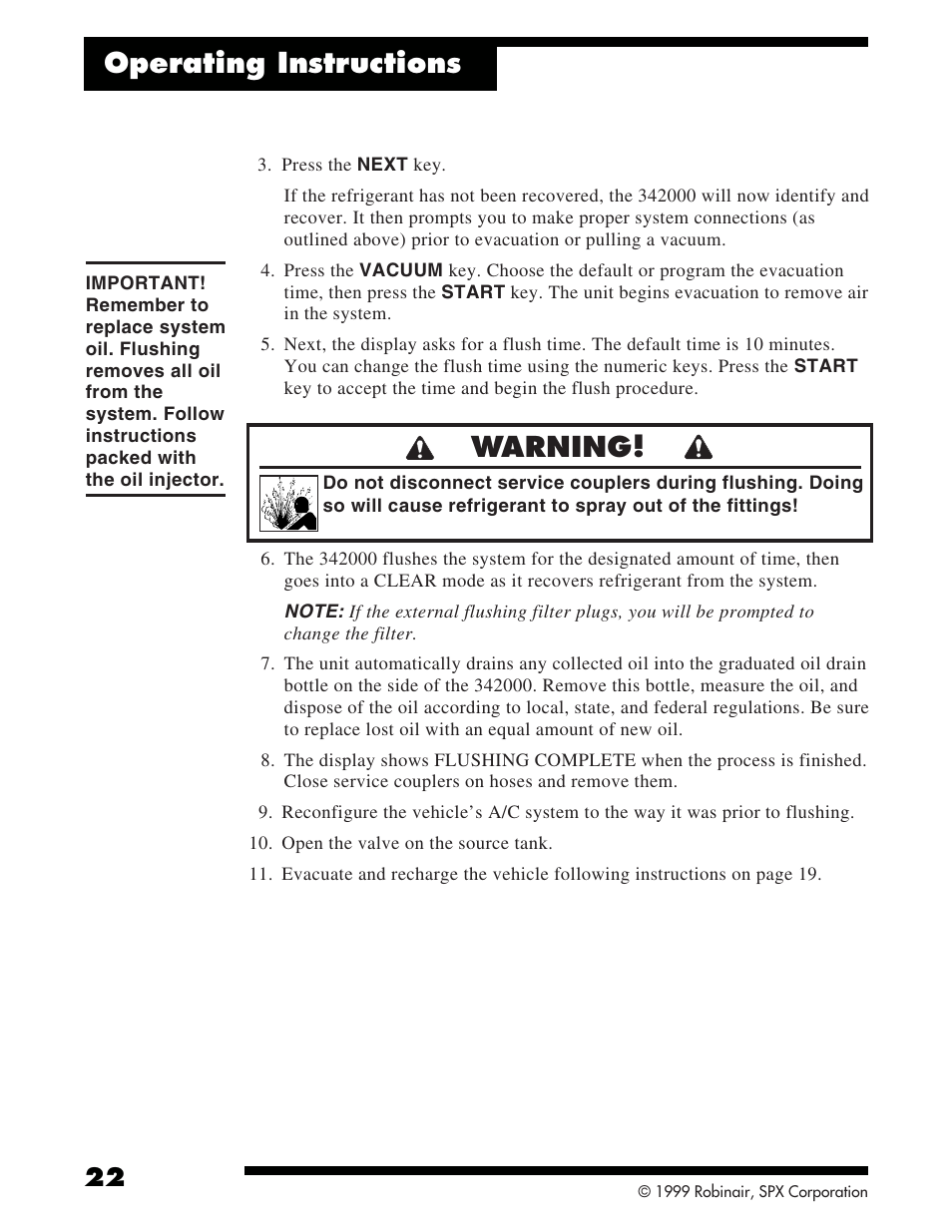 Operating instructions, Warning | Robinair 342000 Refrigerant Service Solution User Manual | Page 24 / 36