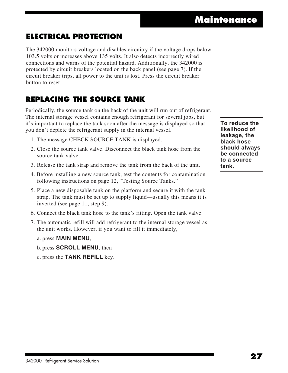 Maintenance, Replacing the source tank, Electrical protection | Robinair 342000 Refrigerant Service Solution User Manual | Page 29 / 36