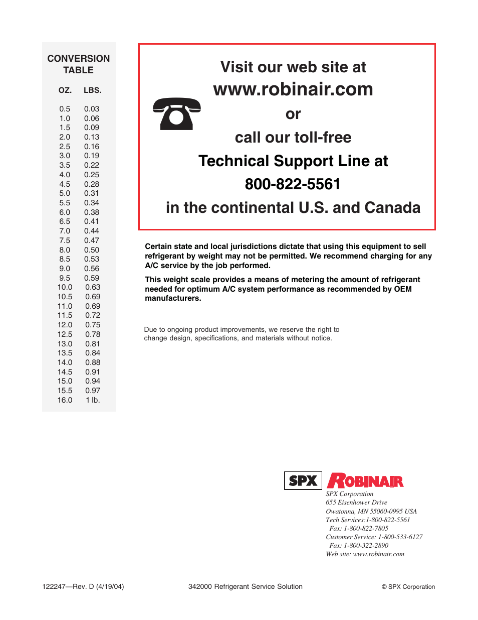 Visit our web site at | Robinair 342000 Refrigerant Service Solution User Manual | Page 36 / 36