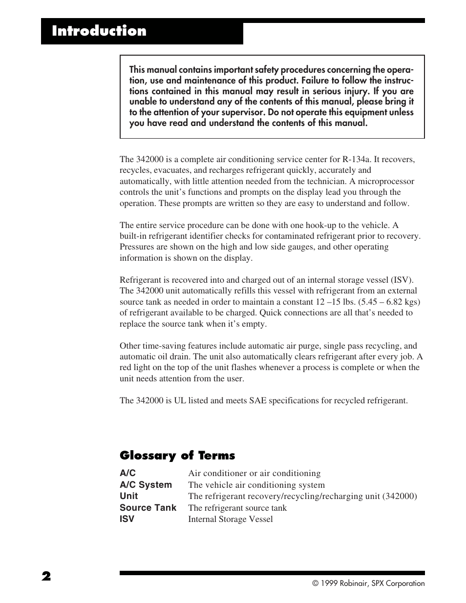 Introduction, Glossary of terms | Robinair 342000 Refrigerant Service Solution User Manual | Page 4 / 36