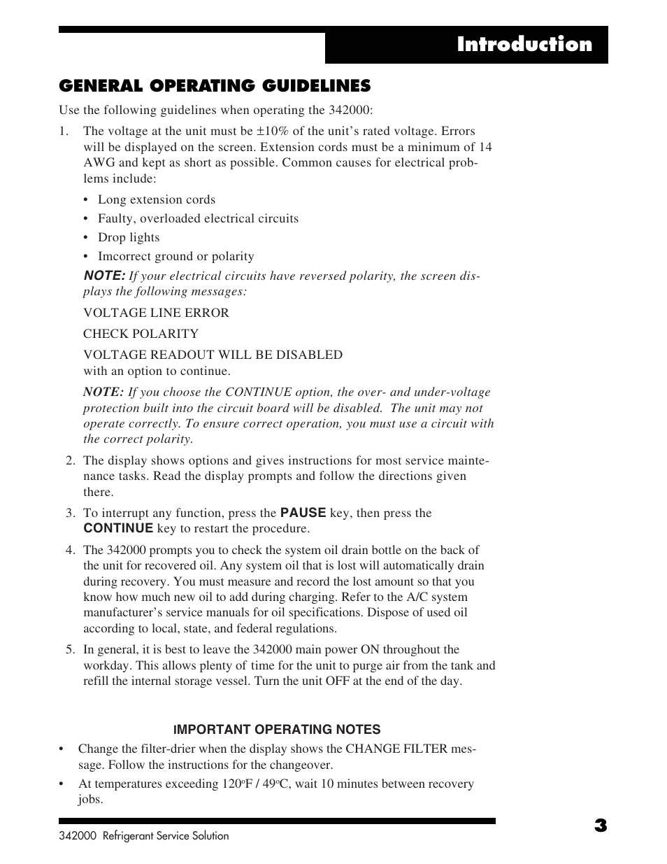 Introduction, General operating guidelines | Robinair 342000 Refrigerant Service Solution User Manual | Page 5 / 36