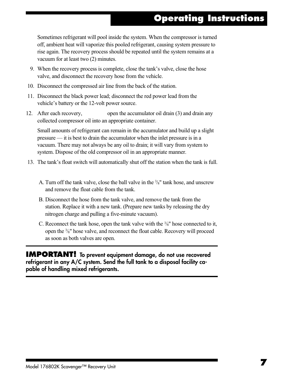 Operating instructions, Important | Robinair 17680-2K Refrigerant Recovery Station User Manual | Page 7 / 12