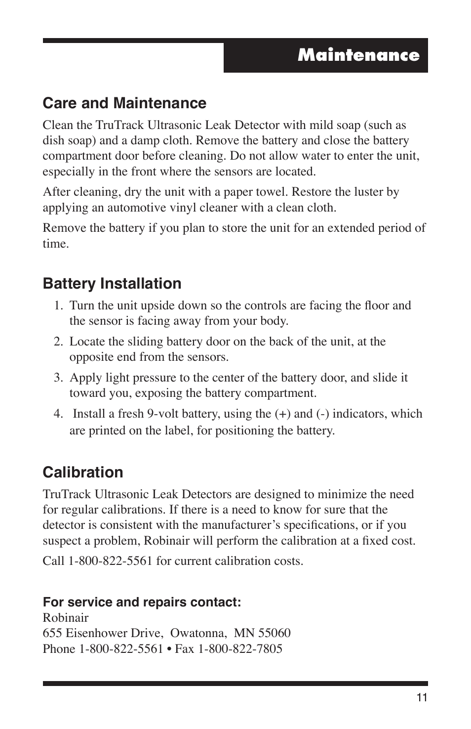Maintenance, Care and maintenance, Battery installation | Calibration | Robinair 16455 TruTrack Ultrasonic Leak Detector User Manual | Page 13 / 16
