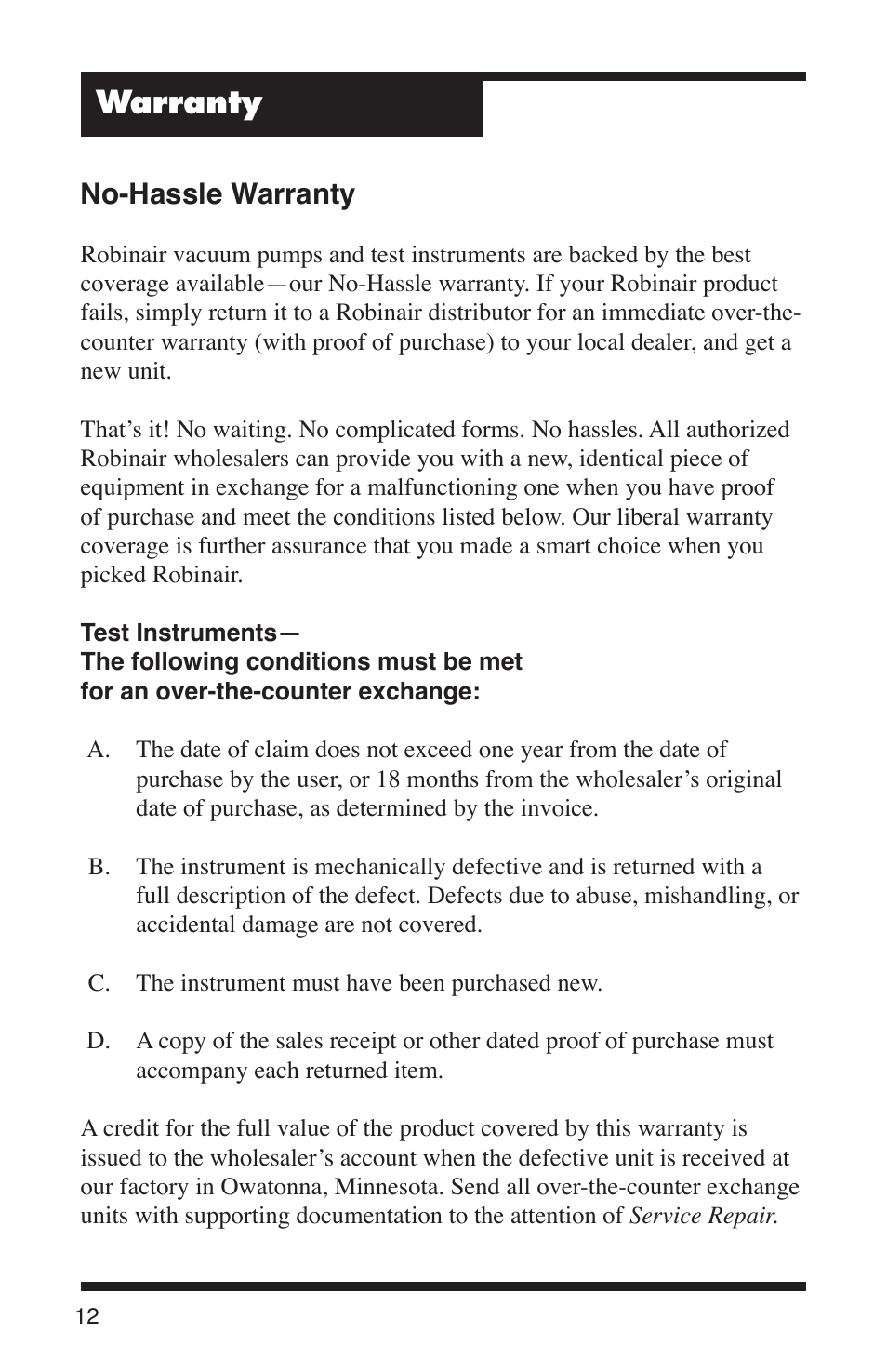 Warranty, No-hassle warranty | Robinair 16455 TruTrack Ultrasonic Leak Detector User Manual | Page 14 / 16