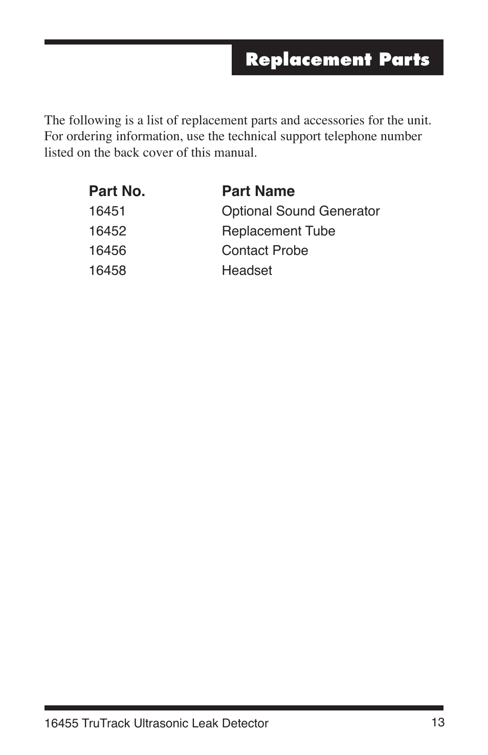 Replacement parts | Robinair 16455 TruTrack Ultrasonic Leak Detector User Manual | Page 15 / 16