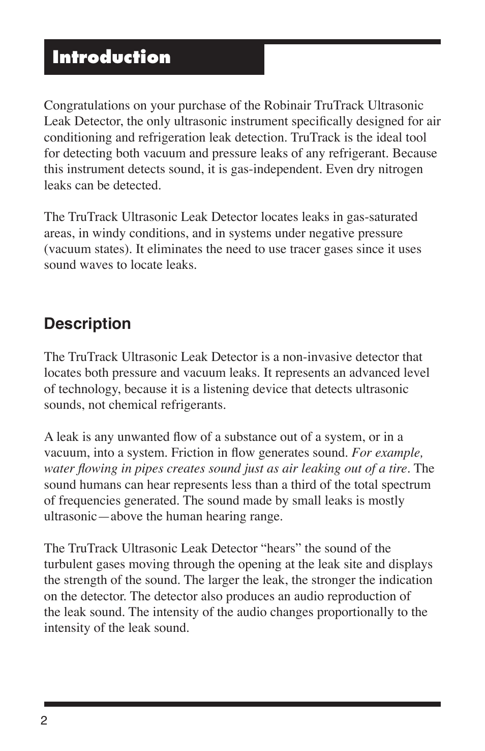 Introduction, Description | Robinair 16455 TruTrack Ultrasonic Leak Detector User Manual | Page 4 / 16