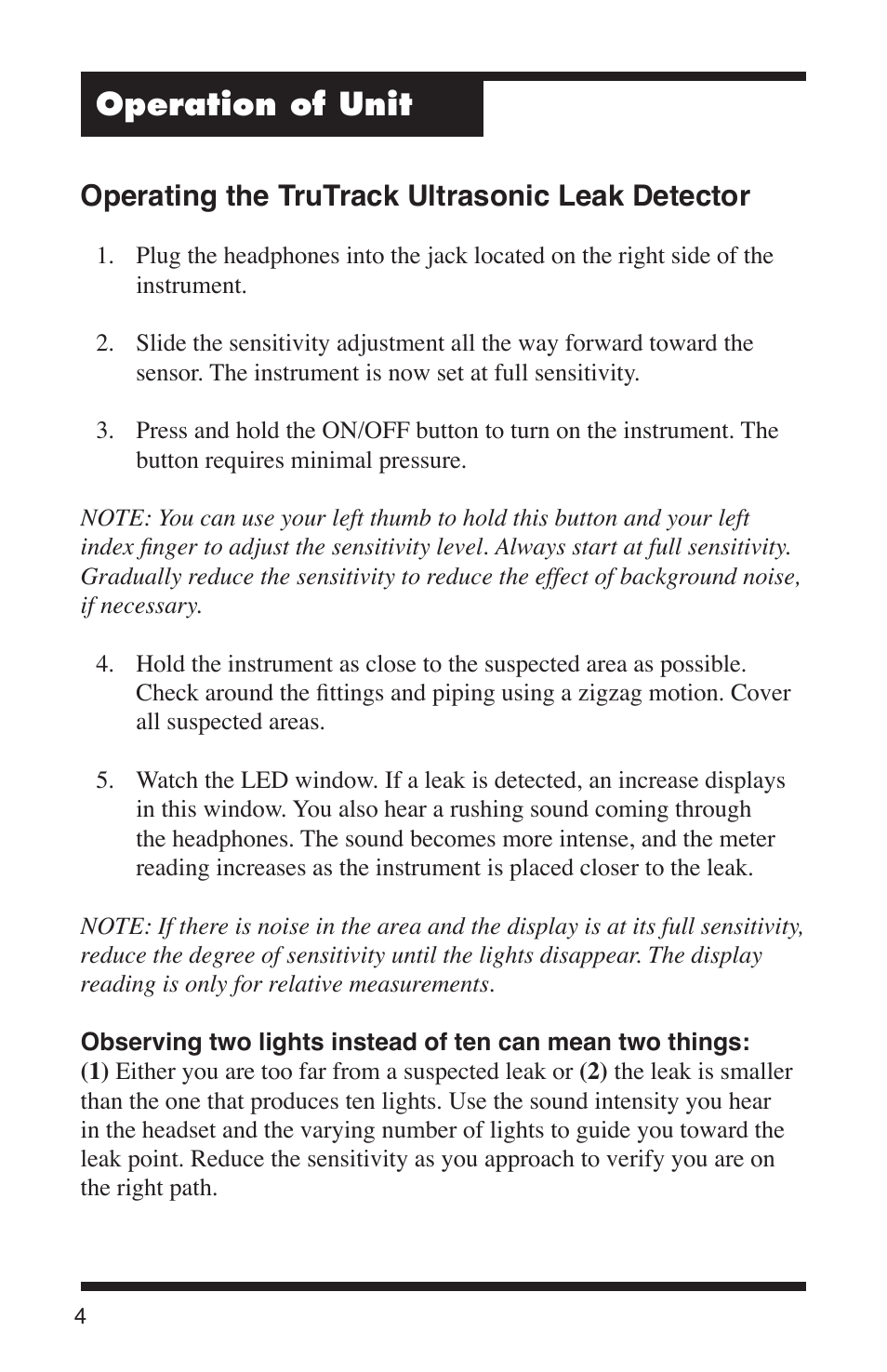 Operation of unit, Operating the trutrack ultrasonic leak detector | Robinair 16455 TruTrack Ultrasonic Leak Detector User Manual | Page 6 / 16