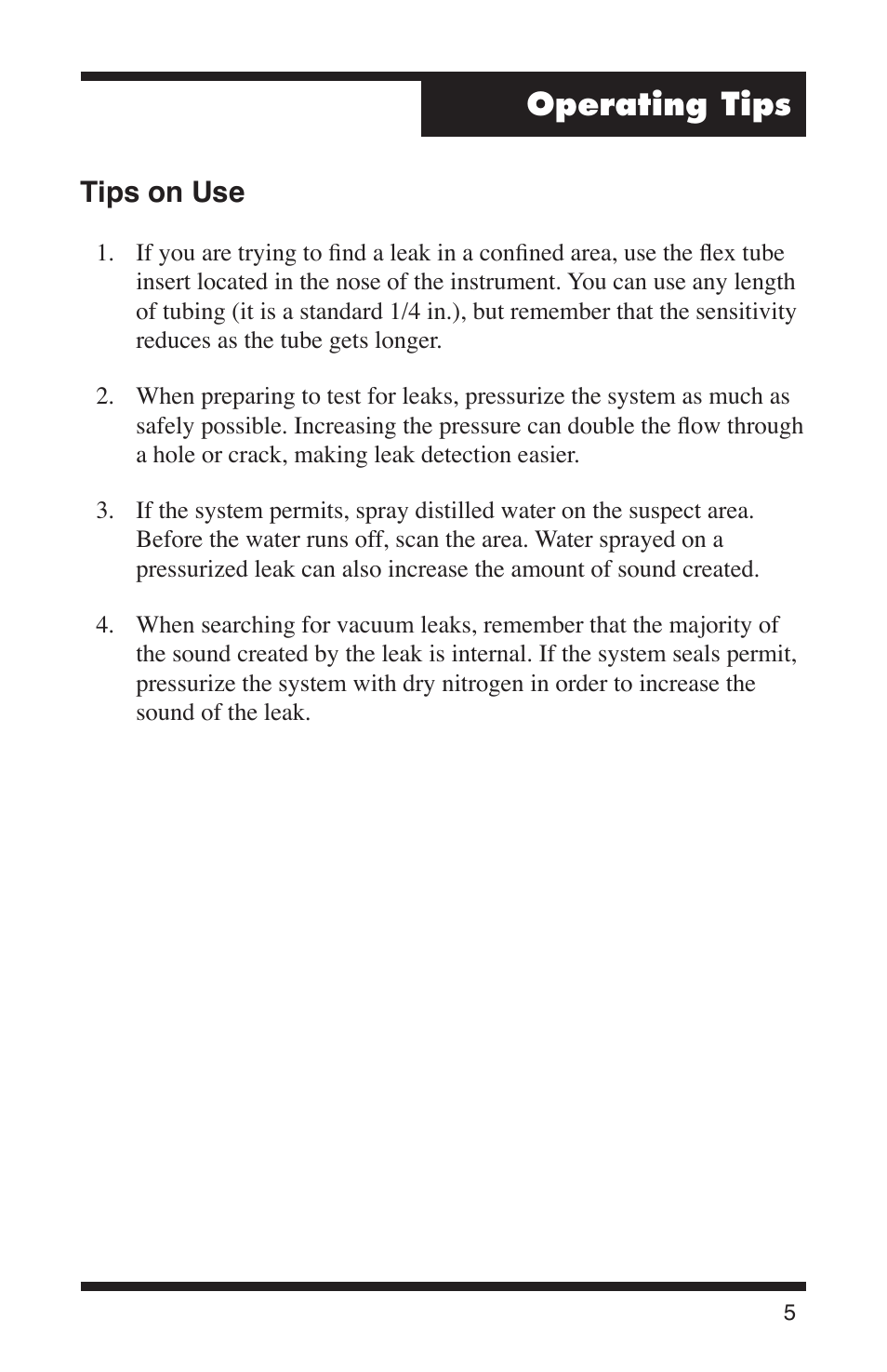 Operating tips, Tips on use | Robinair 16455 TruTrack Ultrasonic Leak Detector User Manual | Page 7 / 16