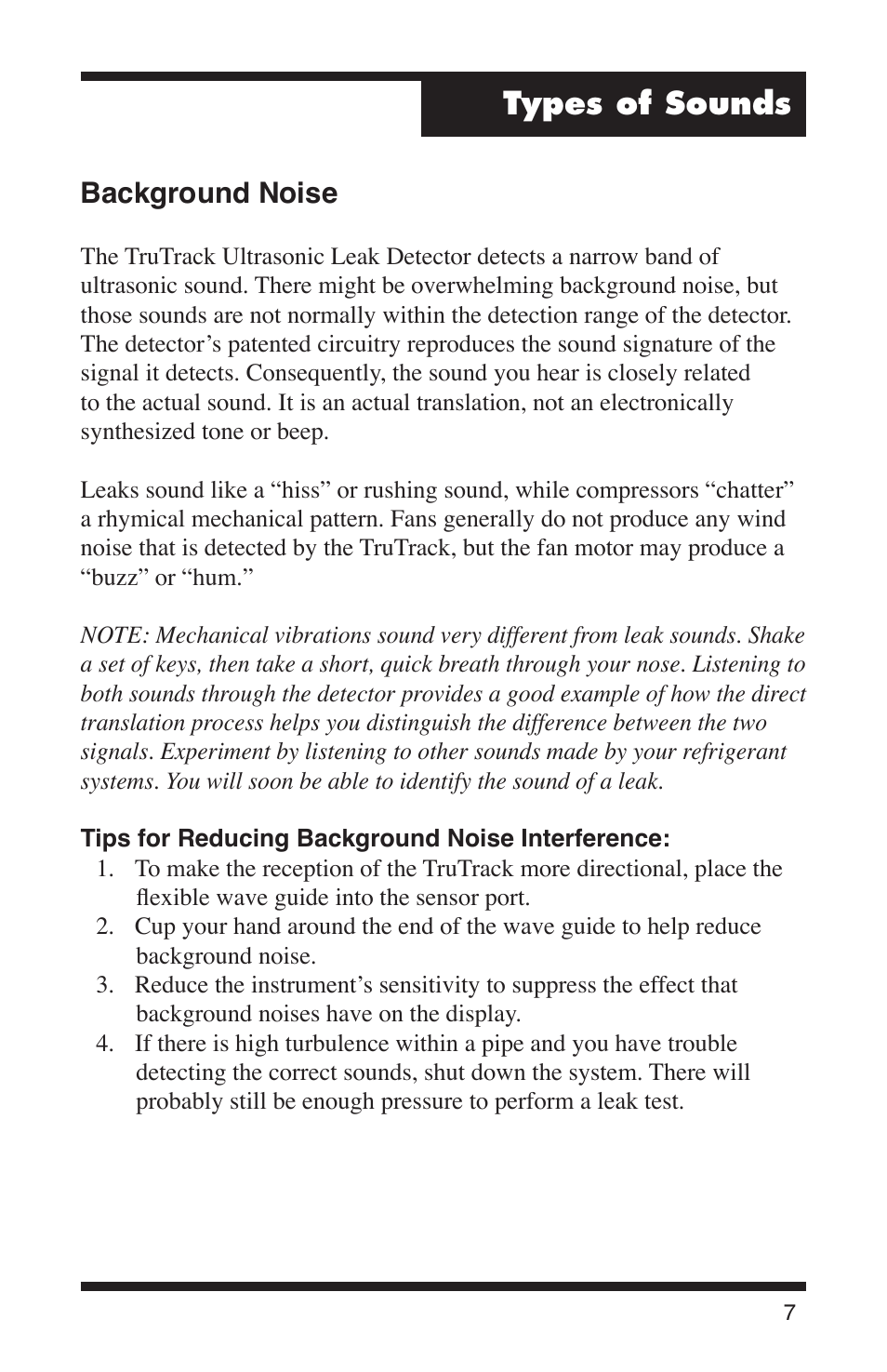 Types of sounds, Background noise | Robinair 16455 TruTrack Ultrasonic Leak Detector User Manual | Page 9 / 16