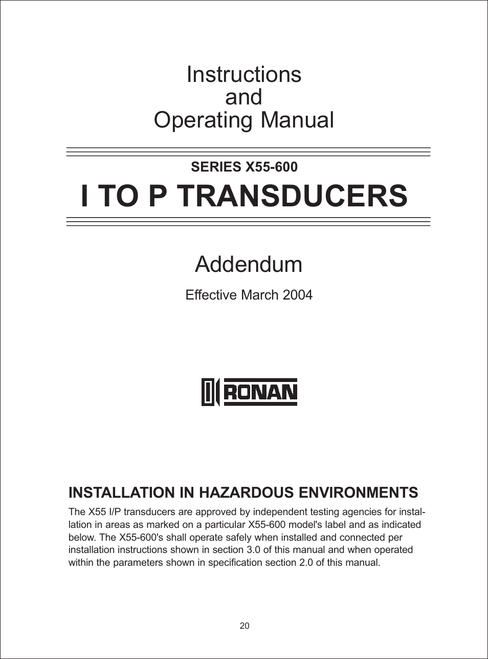 I to p transducers, Instructions and operating manual, Addendum | Ronan X55-600 Series User Manual | Page 22 / 24