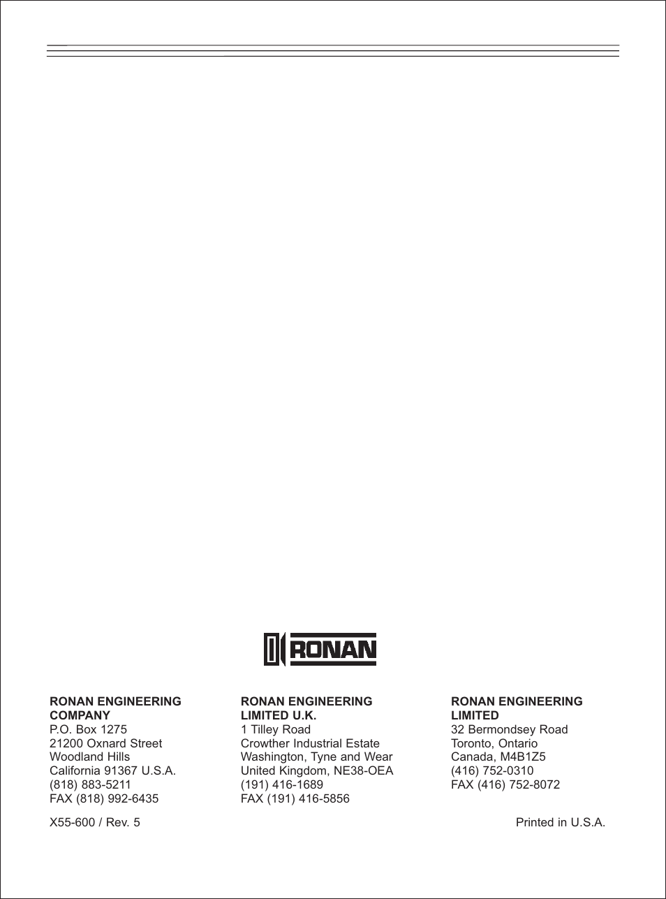 Ronan X55-600 Series User Manual | Page 24 / 24