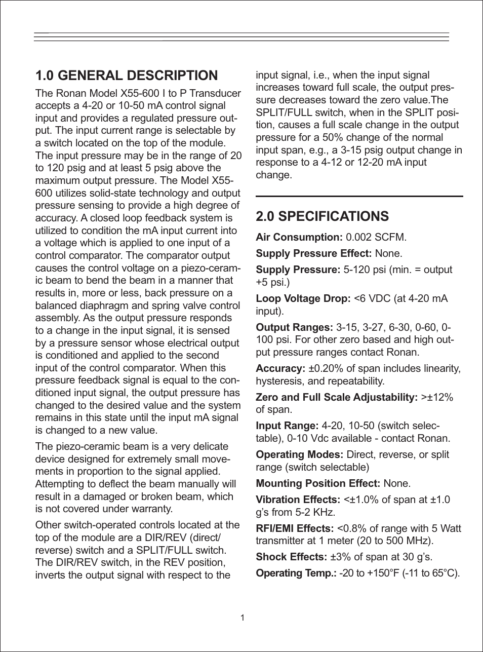 0 specifications, 0 general description | Ronan X55-600 Series User Manual | Page 3 / 24